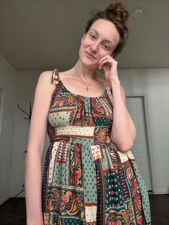NATURAL LIFE Green Patchwork Midi Dress with Rust & Cream Accents - Picture 1 of 3